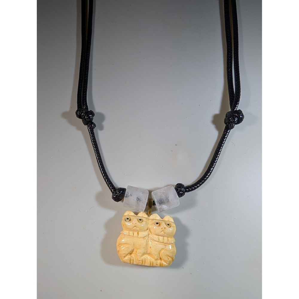 Hand Carved Double Cat Pendant Necklace Adjustable Black Cord Quartz Beads Cream